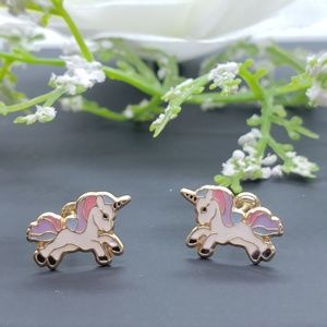 14K Solid Gold • Unicorn Enamel Resin Screw Backs